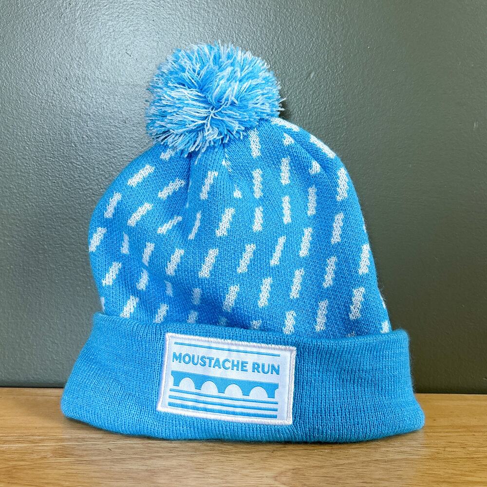 Moustache Run Blue White Dash Pattern Pom Pom Knit Beanie Hat One Size